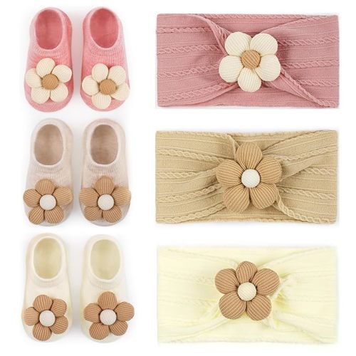 Baby Flower Headband and Socks: Cute Headband and Socks Sets | For Toddler Newborn Infant Girl Pink Khaki Beige