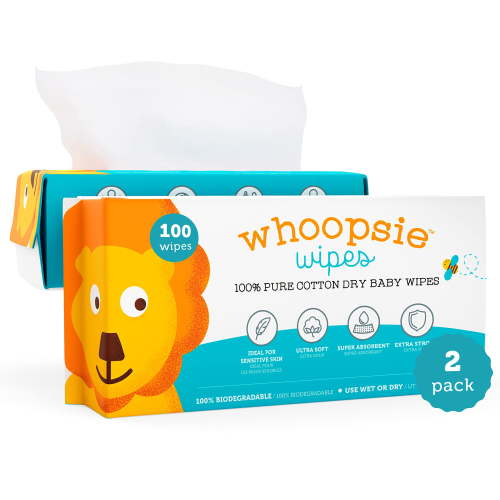 Whoopsie Wipes – The Original 100% Pure Cotton Dry Baby Wipes – Ultra Soft, Unscented, Chemical-Free Wipes for Sensitive Skin – Use Dry or Add Water for Wet Wipes – 6 Packs (600 Count)
