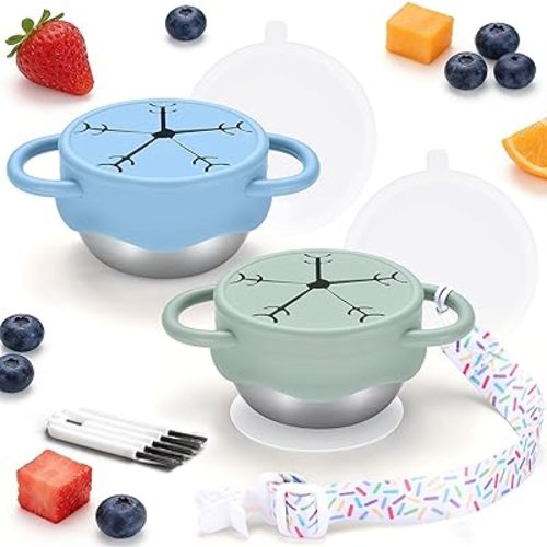 Qtencas 2 Pack Stainless Steel Snack Containers for Toddlers with Spill-Proof Silicone Lids and Handles, Food Grade Snack Cups for Toddlers Kid（Green and Blue）