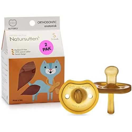 Natursutten Orthodontic Pacifier 0-6 Months - Natural Rubber Pacifier - Eco-Friendly, BPA-Free, Butterfly Newborn Pacifier - Made in Italy - 2 Pack