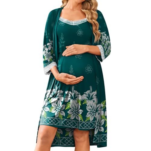 Ekouaer Women Lace Maternity Nursing Gown and 3/4 Sleeve Robe Set Double Layer Breastfeeding Nightgown Slip Dress & Bathrobe