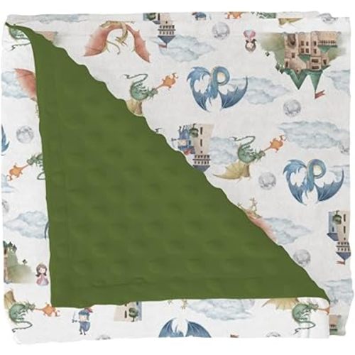 Fairytale Dragon and Knights Baby Blankets for Girl Boy Fantasy Dragons Princess Castle Soft Mink Dotted Backing Double Layer Swaddle Blanket for Toddler Nursery Crib Moon Clouds Bed Blanket 30x40
