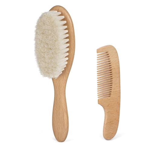 BumbleBee Newborn Baby Hair Brush & Comb Set - Wooden Brush with Soft Wool Bristles, Cradle Cap Brush for Boys, Girls & Toddlers, Sandwood