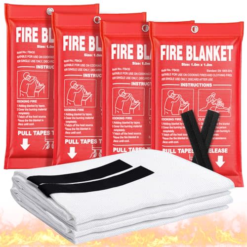 Fire Blanket 4 Pack - 40" x 40" Prepared Emergency Fire Blanket | For Home and Kitchen, RV, Grill, Fireplace, Safe & Easy for Young Adults and Elderly Living Alone | Fiberglass CE Certified