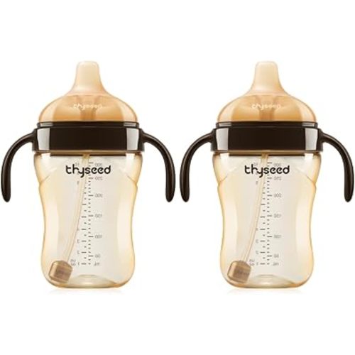 Thyseed Spill-Proof Weighted Straw Sippy Cup, Baby Transition Trainer, Soft Silicone Spout, BPA-Free, 6m+, 10 oz, 2 Pack
