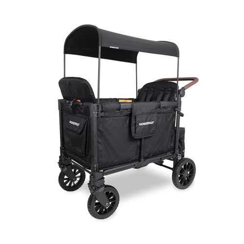 WonderFold W4 Luxe Pro Stroller Wagon - Collapsible Stroller Wagon with Aluminum Frame - Adjustable Canopy & Push Handle - XL All-Terrain Wheels - For Babies, Toddlers & Kids - 4 Seater - Black