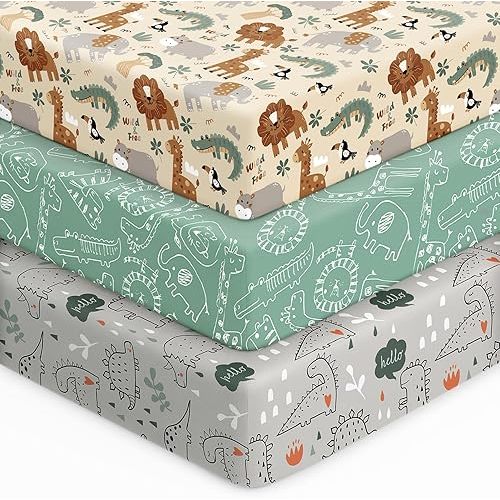 Unnivoll Baby Crib Sheets for Boys Girls, 28x52x8in Fitted Crib Sheet Neutral 3 Pack for Standard Crib and Toddler Mattress, Breathable Soft Microfiber Baby Sheet Green & Apricot Lion
