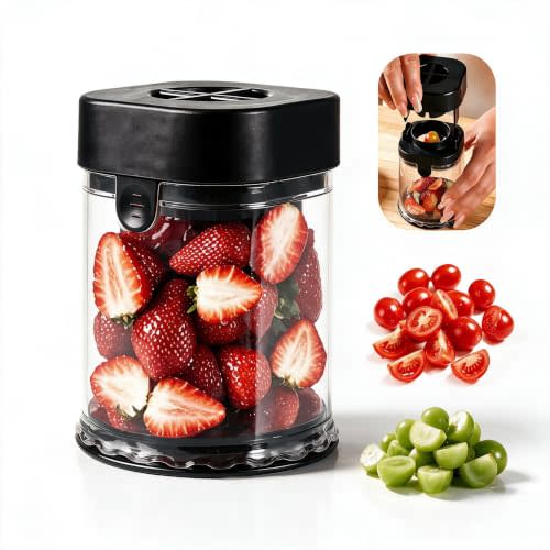 Grape Cutter for Toddlers & Baby, Black | Fruit Slicer Cup, 304 Stainless Steel Blades, Quarters Grapes Strawberries Cherry Tomatoes into 4 Pieces, Non-Slip