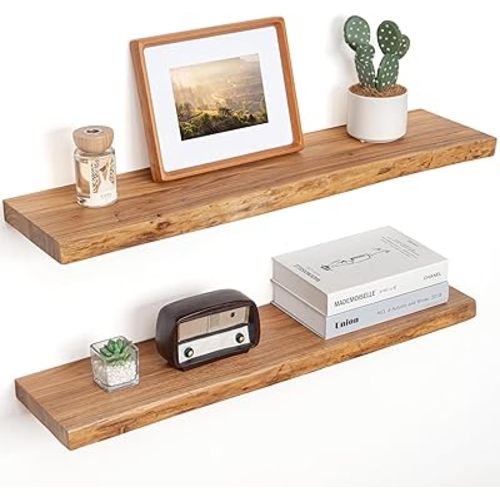 Floating Shelves for Wall Decor, Rustic Solid Elm Wood Live Edge Floating Shelves Wall Mounted, Wall Shelves with Invisible Bracket for Living Room Bathroom Bedroom Kitchen, 32 Inch Set of 2, Natural