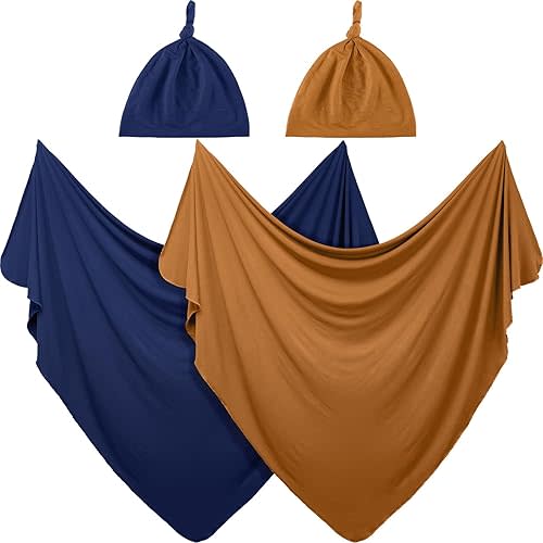 JaGely 2 Pcs Stretchy Baby Swaddle Blankets Set Extra Soft 47" x 47" Baby Newborn Swaddle Blanket and Hat(Navy Blue, Claybank)