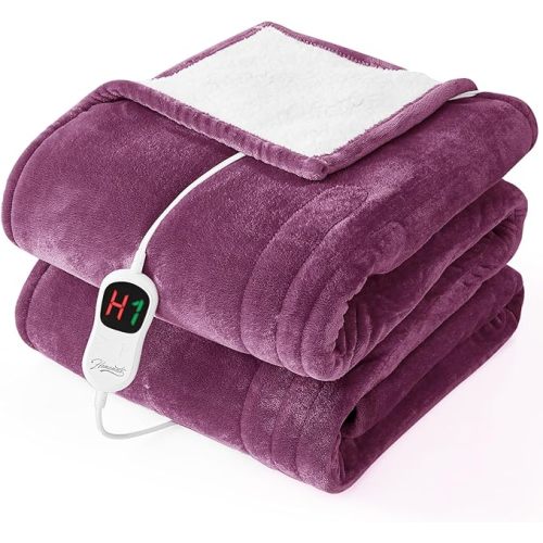 Homemate Electric Heated Blanket Twin Size - 62"x84" Heating Bed Blankets Throw with 8 Hours Auto Off 10 Heating Levels Fast Heating Over-Heated Protection Soft Warm Flannel Bed ETL Certified Purple