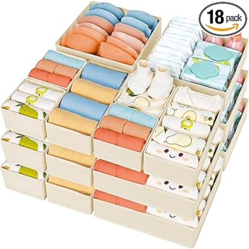 DIMJ Drawer Organizer Clothes 18 Pack - Foldable Baby Organizers and Storage & Dresser Organizer for Bedroom, Closet - Nursery Organization Dresser Dividers for underwear, Sock,Bra, Belt, Tie, Beige