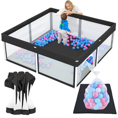 TOREVSIOR Foldable Baby Playpen with Mat, 50"×50" Collapsible Play Pen for Babies and Toddlers, Indoor & Outdoor Kids Safety Play Pen, Portable Play Yard, Foldable Baby Playpen with 50 Ocean Balls