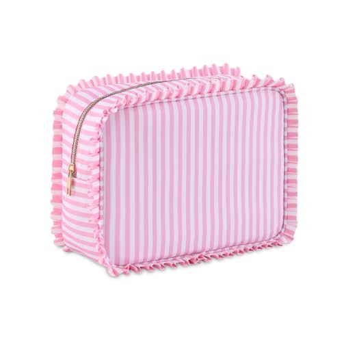 Ruffled Makeup Bag, Pink Stripe A | Zipper Closure, Large Capacity, Travel Organizer for Cosmetic Accessories, Brushes, Skincare, for Women Girls