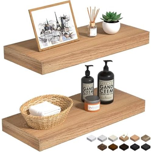 Oak Floating Shelves Wood for Wall 15.7in Wall Mounted Display Ledge Shelves Perfect for Bedroom, Bathroom, Living Room and Kitchen Decoration Storage (Set of 2)