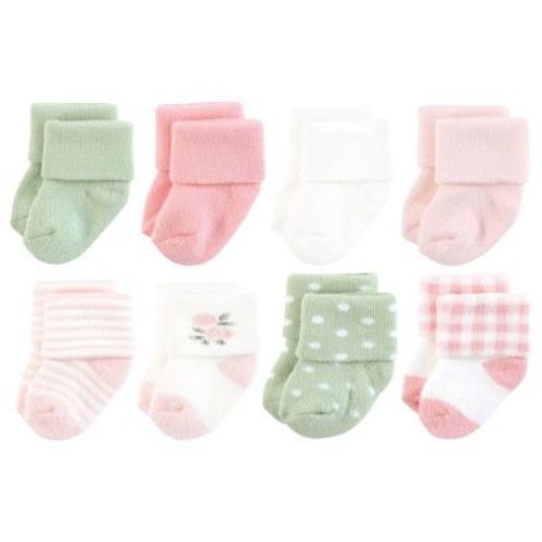 Hudson Baby Infant Girls Cotton Rich Newborn and Terry Socks, Pink Sage Rose