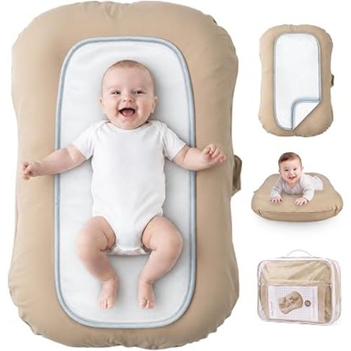 Baby Lounger for Newborn - Infant Lounger 0-24 Months, Soft Breathable Cotton, Perfect for Tummy Time, Portable Baby Nest Pillow for Home & Travel (Light Camel, Cover & Pad Included)