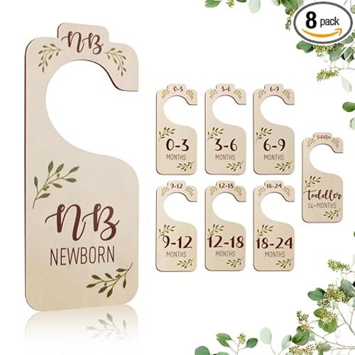 Baby Closet Dividers for Clothes Organizer - 8 PCS Adorable Wooden Double-Sided Baby Clothes Size Hanger Organizer from Newborn to Toddler for Nursery Decor