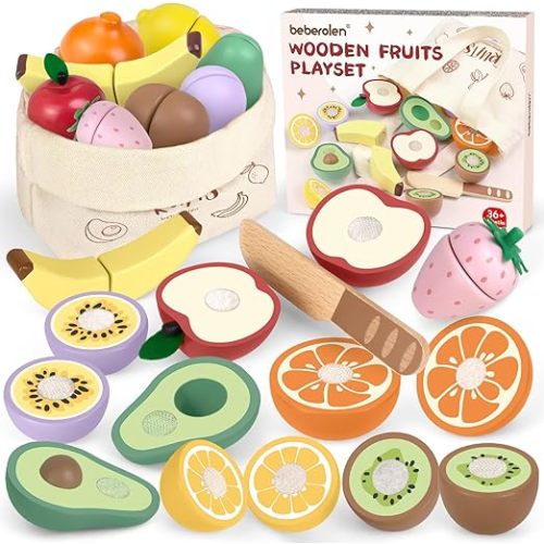 Play Food Sets for Kids Kitchen Wooden Food Toys for 3 Year Old Girl Boy Toddler Cutting Pretend Play Set Learning Toys Birthday Gift 1 2 3 Year Old Fruits