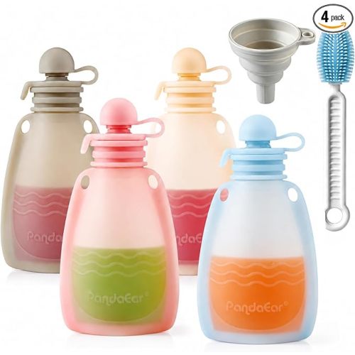 PandaEar Reusable Silicone Baby Food Pouches, 4 Pack Squeeze Pouches for Toddler Kids, BPA-Free Silicone Refillable Baby Food Storage, 5 oz