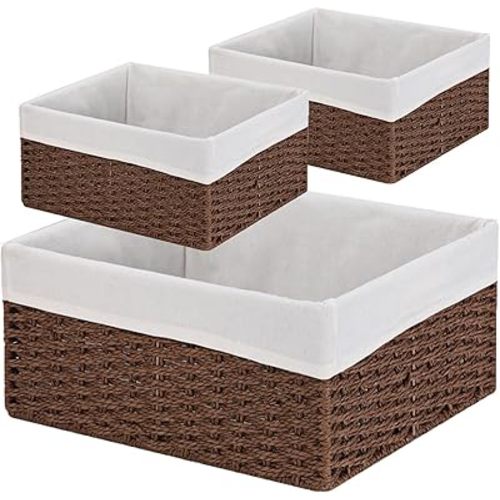 Vagusicc Wicker Basket, Set of 3 Hand-woven Storage Baskets for Organizing, Decorative Rectangle Wicker Storage Basket Bins with Handles, Small Toilet Paper Storage Baskets for Shelves & Decor, Brown