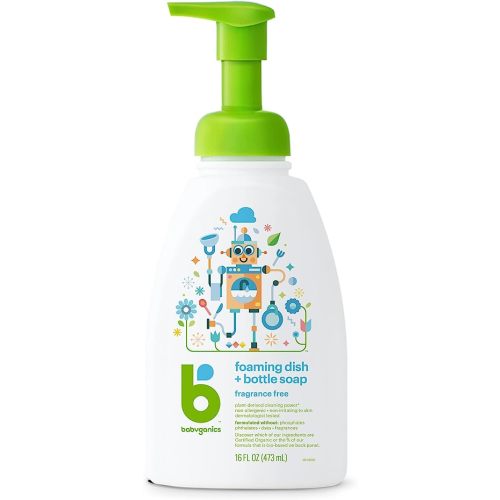 Babyganics Fragrance-Free Baby Dish Soap, Foaming, Non-Allergenic Baby Bottle Soap, 473 ml, Packaging May Vary