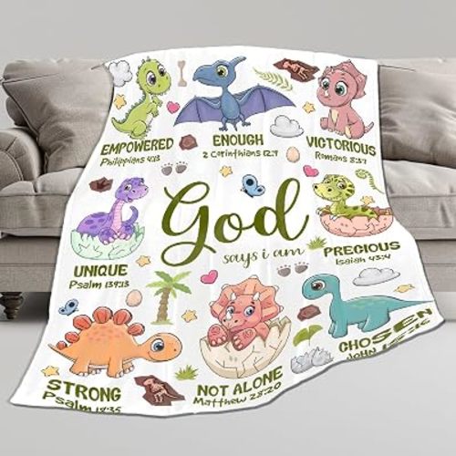 Bible Verse Blanket, Christian Gifts, God Says I am Print Dinosaur Blankets for Boys, Meaningful Thoughtful Religious Baptism Gift for Son,Dinosaur Lovers Room Bed Decoration, 30"x40"