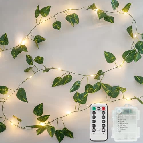 suddus 13.1FT 40LED Pothos Vine with Lights Battery Operated Copper Wire | String Lights with Remote,Leaf Lights for Bedroom,Classroom,Wall,Garden,Party,Wedding,Dorm Decor(Warm White)