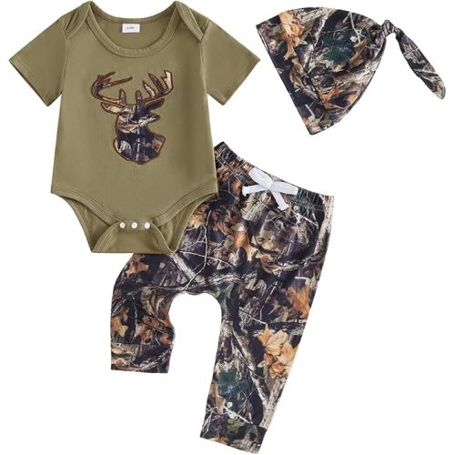 Newborn Baby Boy Hunting Outfit Deer Mallard Duck Short Sleeve Romper Jungle Camo Pants Set Hat 3Pcs Clothes