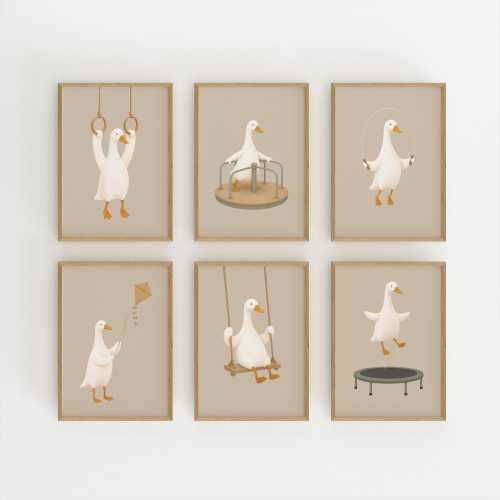 Silly Goose Nursery Wall Art Set of 6 Prints, Neutral Baby Room Decor, Playroom Animal Posters, Scandinavian Kids Wall Art Bundle