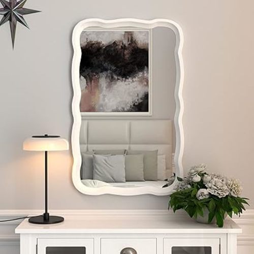Curved Wood Frame Accent Mirror, Modern Farmhouse Contemporary Decorative Wall Mirror, Rectangle 23.5”L x 38”W, White