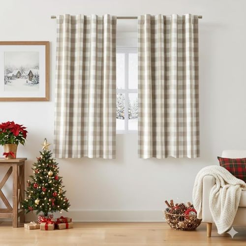 63 Inch Buffalo Plaid Blackout Curtain Panels for Bedroom Living Room,Beige White Farmhouse Gingham Drapes,Thermal Insulated Window Treatment,Rod Pocket Back Tabs,40" Wx63 Lx2