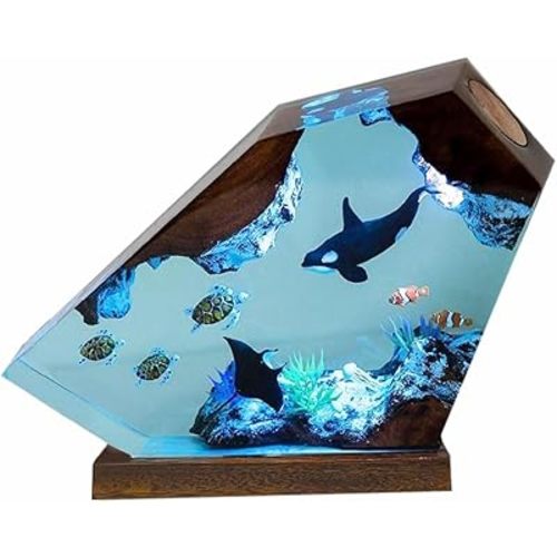 Orca Ocean Resin Lamp, Handmade Wooden Table Resin Night Light, USB Port Art Ornaments for Home Office Decor, Scuba Diver Gifts for Birthday Holiday, Unique Thanksgiving Day and Christmas Gifts