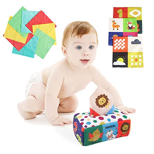 Baby Tissue Box Toy, Baby sensory Toys Magic Musical box ,Montessori Toys for babies 0-24months, Soft Stuffed Crinkle,Infants, Newborns and Kids,Product Size 7.1*4.7*3.2inch,Tissue Box Cover,ISSPEXL
