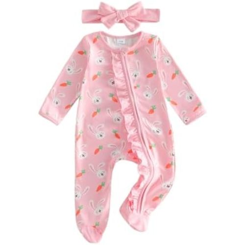 Lamuusaa Newborn Baby Girl Easter Outfit Bunny Bow Print Footie Romper Ruffle Bodysuit Zipper Jumpsuit Headband 0-18M