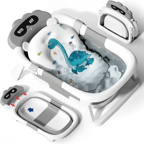 AVIDOR Baby Bathtub,Collapsible Bathtub for Newborn to Toddler,Durable Essential Infant Bath Tub,Portable Travel Baby Tub with Soft Bath Net,No-Slip Feet and Dinosaur Shaped (Grey)