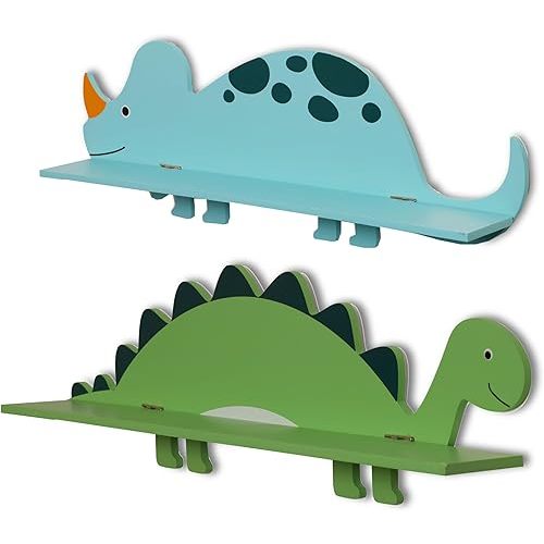 2 Piece Dinosaur Shelf Set for Kids Room - Includes Stegosaurus and T-Rex (2pcs) - Dinosaur Room Decor for Boys and Girls Rooms - Perfect Childrens Bedroom Shelve Set for Kids - Hanging Dino Shelf