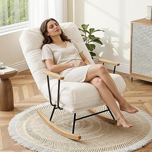 VECELO Wide Rocking Chair Nursery, Oversized Upholstered Glider with Adjustable High Backrest and Padded Cushion for Living Room, Bedroom, Teddy Fabric, White