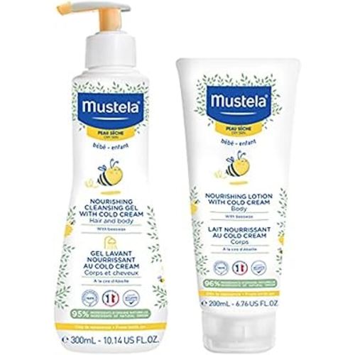 Mustela Baby Dry Skin Bath Time Gift Set - Baby Skin Care Essentials - with Natural Avocado & Cold Cream - 2 Items Set
