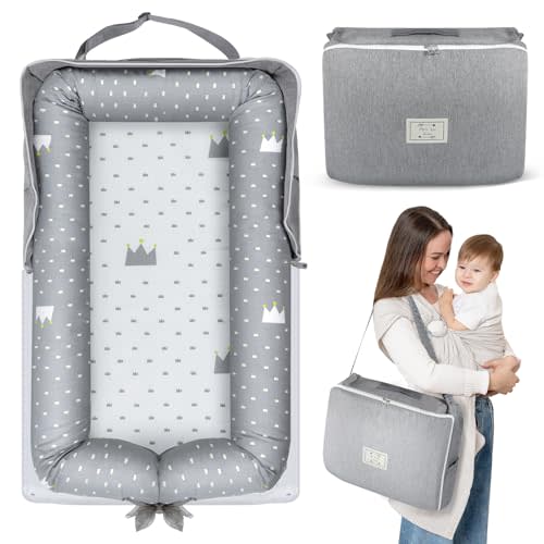 Baby Lounger for Newborn 0-24 Months, Portable Infant Lounger with Soft Breathable Cotton, Adjustable Size Lengthen Space Lightweight & Washable Essentials for Home (1. Crown)