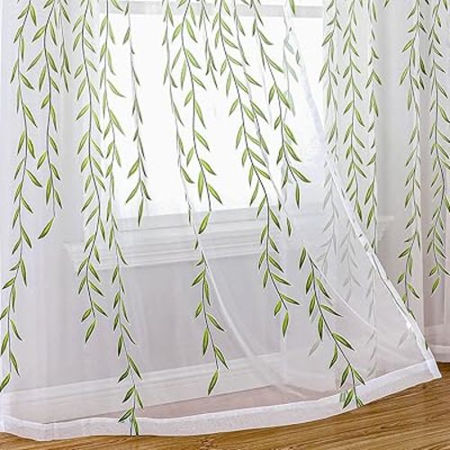 BROSHAN Sheer Curtains 96 inches Long, Extra Wide 52 inch Sheer Bedroom Curtains Green Printed Thin Curtains Leaf Pattern Sheers Voile Curtains for Living Room Sliding Door