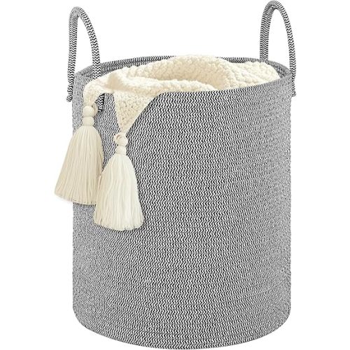 Large Woven Laundry Basket Hamper,60L Cotton Rope Storage Baskets for Blankets in living room,Decor Tall Laundry Bin for Toys Storage,Clothes Basket,Baby Basket,White and Blue