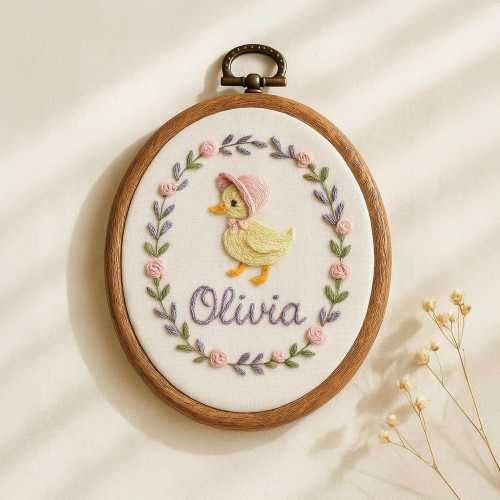 Custom Baby Goose Name Embroidery, Floral Nursery Hoop Art
