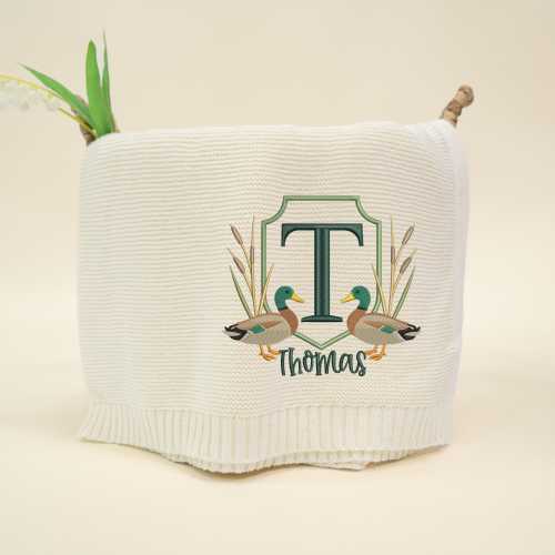 Mallard Ducks Crest Embroidery Knitted Blanket, Custom Baby Name Blanket, Name Blanket for Boy, Baby Blanket Mallard Duck Stuff