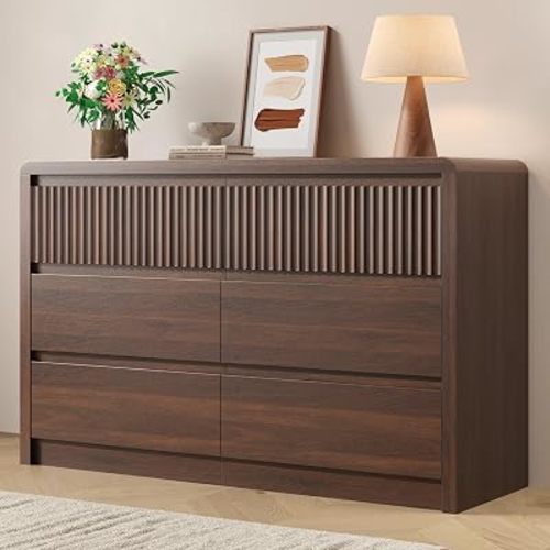 Fluted 6 Drawer Dresser for Bedroom, 50” Wide Dresser & Chest of Drawers with Curved Profile Design, Wood Mid Century Dressers for Bedroom, Living Room, Walnut