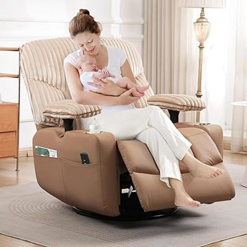 GRAINELL Rocking Chair Nursery, Electric Swivel Recliner Glider with Adjustable Armrests, Nursing Chair with USB Charger, Cup & Blanket Holders, Brown Corduroy & PU Leather