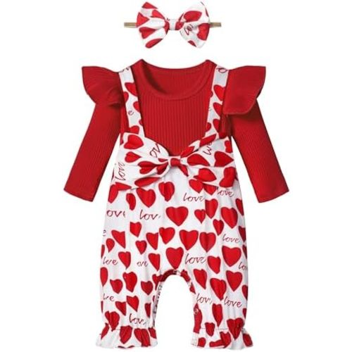 Queenstyle Baby Girl Valentines Day Outfit Ruffle Long Sleeve Romper Red Heart Print Jumpsuit with Headband
