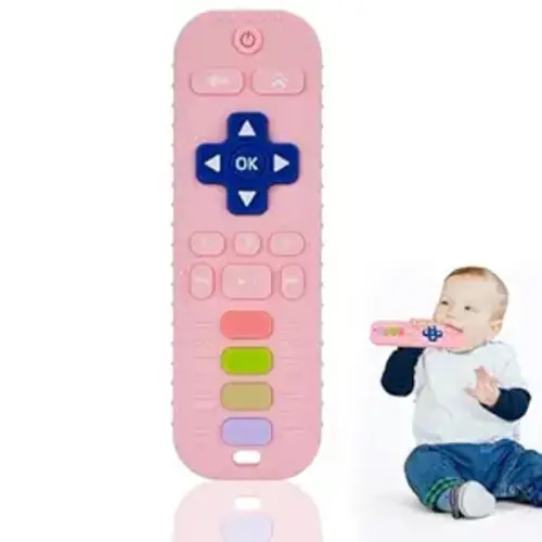 Baby Silicone Teething Toys, Simulation TV Remote Control Shape Teether Toys for Toddlers 3-18 Months, Boys Girls Baby Teething Toys, Babies Chew Toys, Freezer BPA Free, Pink