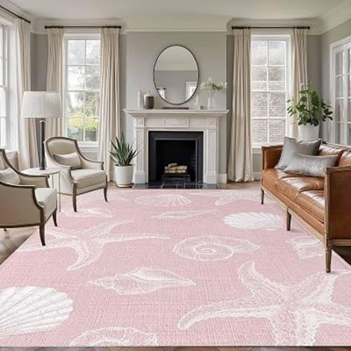 Rectangle Rug 5x7Ft Sea Star Shell Sea Nut on Pink Linen Soft Indoor Throw Rugs Carpets for Living Dining Bedroom Kids Room Non-Slip Playroom Crawl Rug Floor Mats Vintage Marine Life