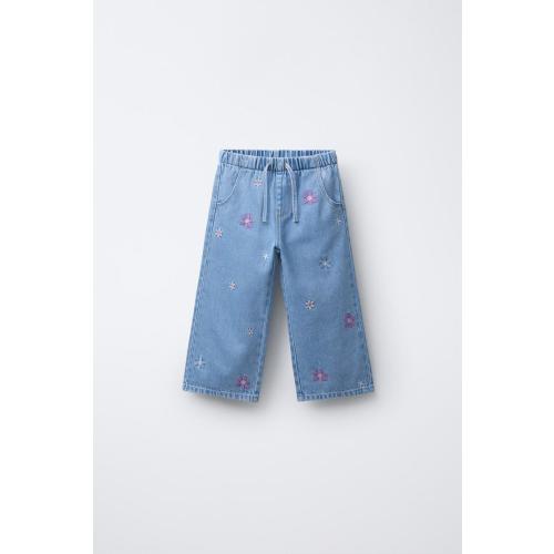 EMBROIDERED FLORAL WIDE LEG JEANS - Blue | ZARA United States